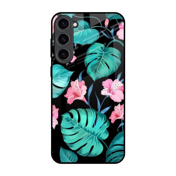 Tropical Leaves & Pink Flowers Glass Case for Samsung Galaxy S23 Plus 5G Discount